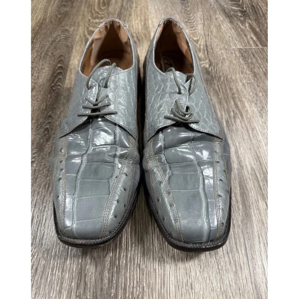 Stacy Adams Mens Grey Alligator Ostrich Embossed Leather Derby Dress Shoes 9.5M